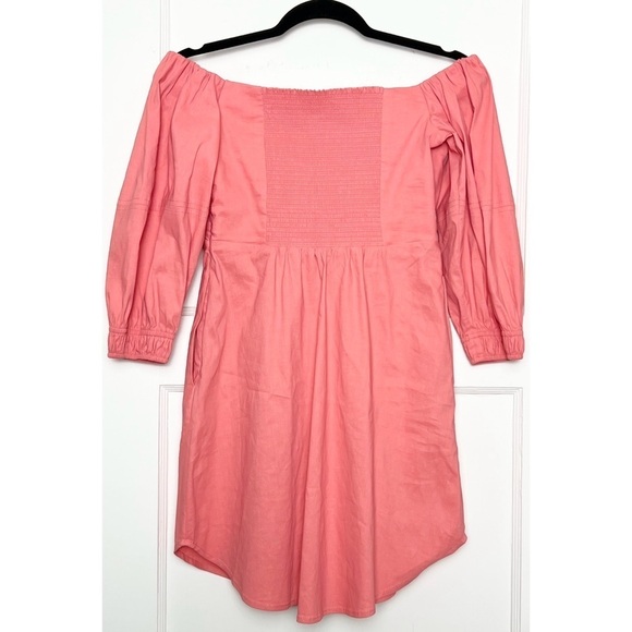 ALC Linen Off Shoulder Puff Sleeve Ruched Sweetheart Neck Smocked Babydoll Dress - Picture 7 of 10